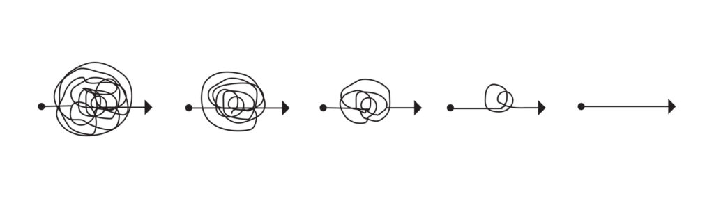 scribbled balls of lines on arrows pointing right gradually turning into just an arrow