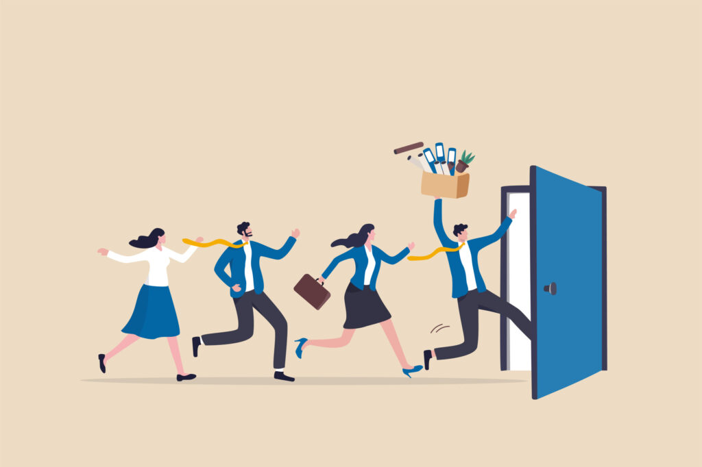 four animated people running towards a door with their briefcase and box of items