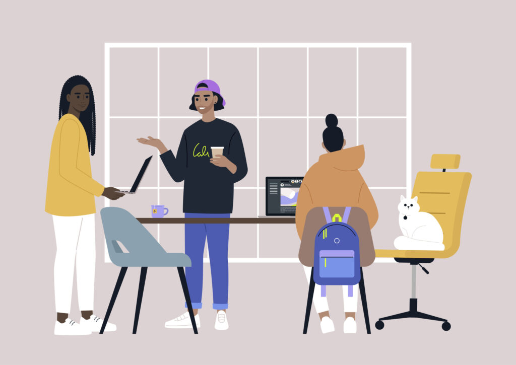 three animated people working on laptops at a table with a cat sitting on a chair